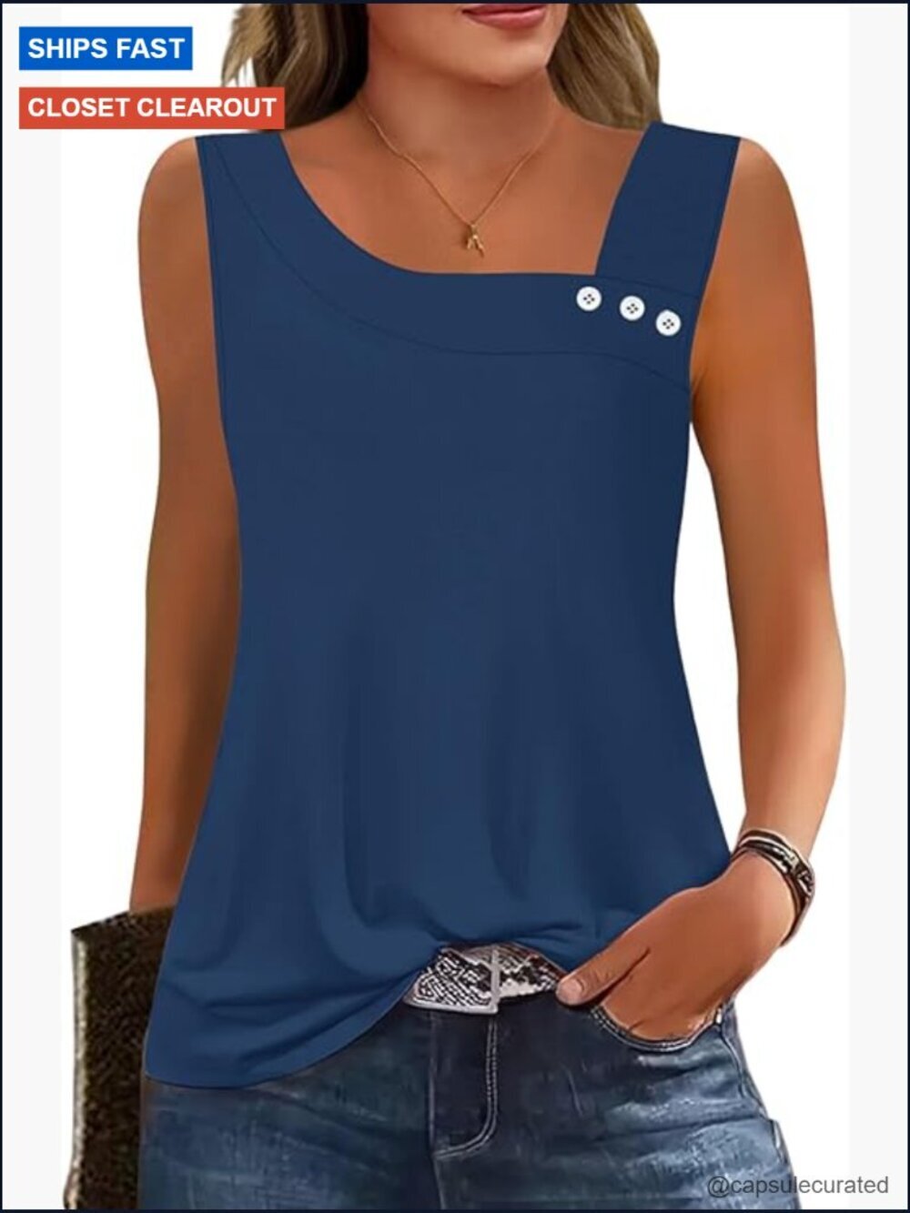 Square Neck Sleeveless Tank Top with Buttons - Soft & Stretchy